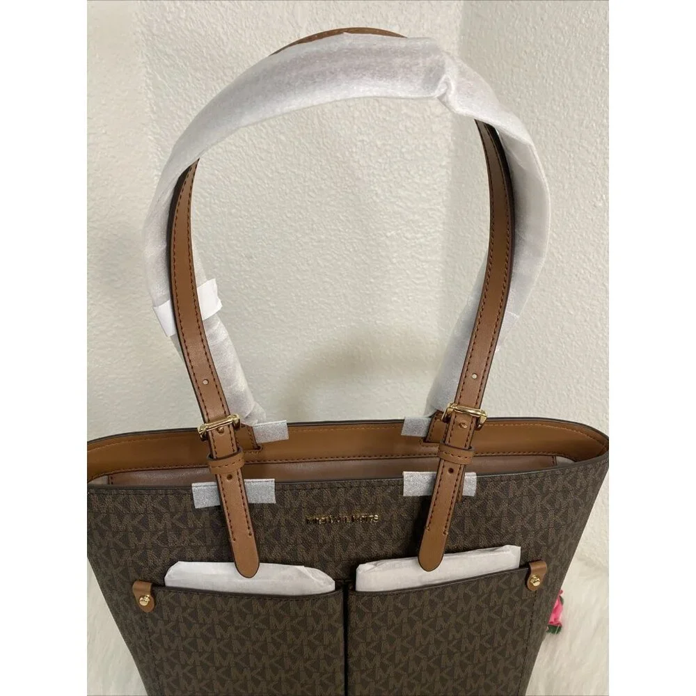 MICHAEL KORS JET SET TRAVEL MD DOUBLE POCKET TOTE SHOULDER BAG MK BROWN MOCHA - Picture 4 of 16